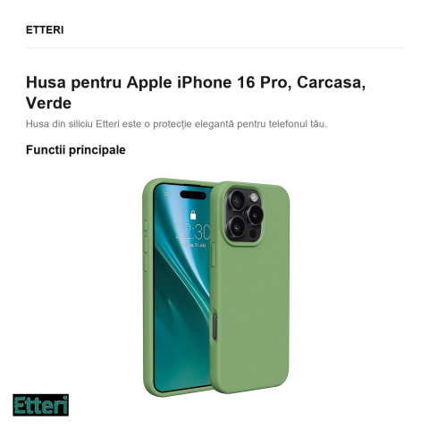 Husa Etteri Silicone pentru Apple iPhone 16 Pro, Carcasa, Verde [1]