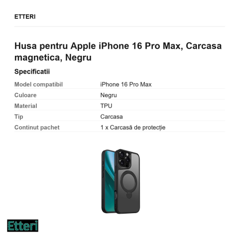 Husa Etteri Matt Mag Ring pentru Apple iPhone 16 Pro Max, Carcasa magnetica, Negru [2]