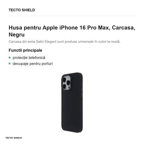 Husa Satin Elegant Matt pentru Apple iPhone 16 Pro Max, Carcasa, Negru [1]