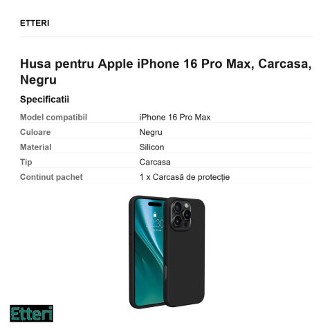 Husa Etteri Silicone pentru Apple iPhone 16 Pro Max, Carcasa, Negru [2]