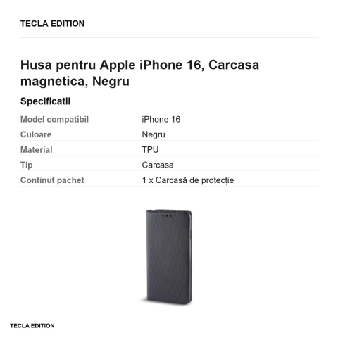 Husa Smart Magnet pentru Apple iPhone 16, tip carte cu inchidere magnetica, Negru [2]