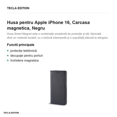 Husa Smart Magnet pentru Apple iPhone 16, tip carte cu inchidere magnetica, Negru [1]