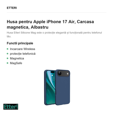 Husa Etteri Silicone Mag pentru Apple iPhone 17 Air, Carcasa magnetica, Albastru [1]