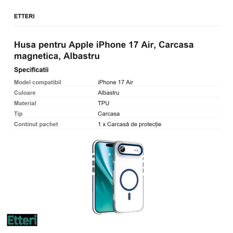 Husa Etteri Icy Mag pentru Apple iPhone 17 Air, Carcasa magnetica, Albastru [2]