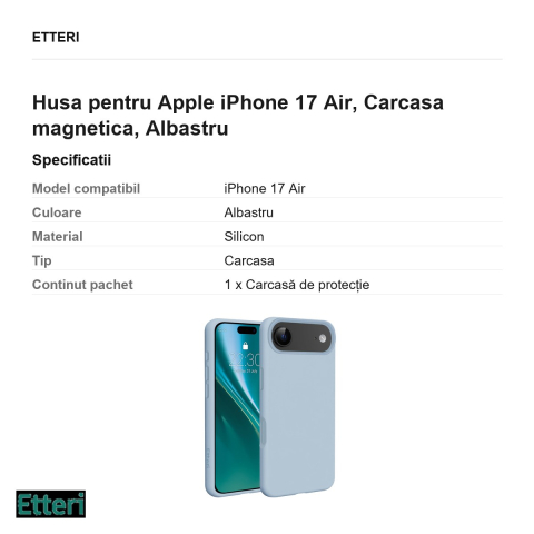 Husa Etteri Silicone Mag pentru Apple iPhone 17 Air, Carcasa magnetica, Albastru [2]