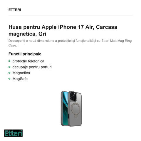 Husa Etteri Matt Mag Ring pentru Apple iPhone 17 Air, Carcasa magnetica, Gri [1]