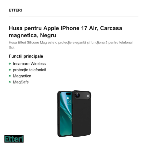 Husa Etteri Silicone Mag pentru Apple iPhone 17 Air, Carcasa magnetica, Negru [1]