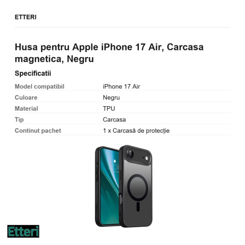 Husa Etteri Matt Mag pentru Apple iPhone 17 Air, Carcasa magnetica, Negru [2]