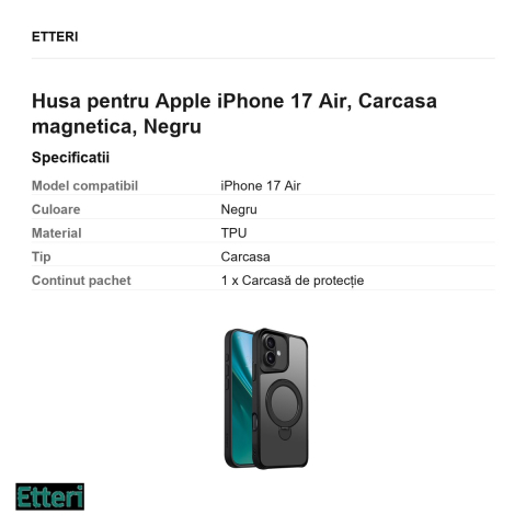 Husa Etteri Matt Mag Ring pentru Apple iPhone 17 Air, Carcasa magnetica, Negru [2]