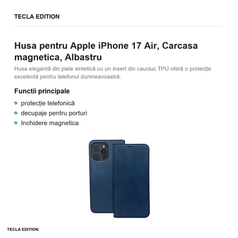 Husa Smart Suede pentru Apple iPhone 17 Air, tip carte cu inchidere magnetica, Albastru [1]