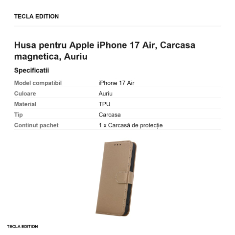 Husa Smart Classic pentru Apple iPhone 17 Air, tip carte cu inchidere magnetica, Auriu [2]