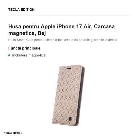 Husa Smart Caro pentru Apple iPhone 17 Air, tip carte cu inchidere magnetica, Bej [1]