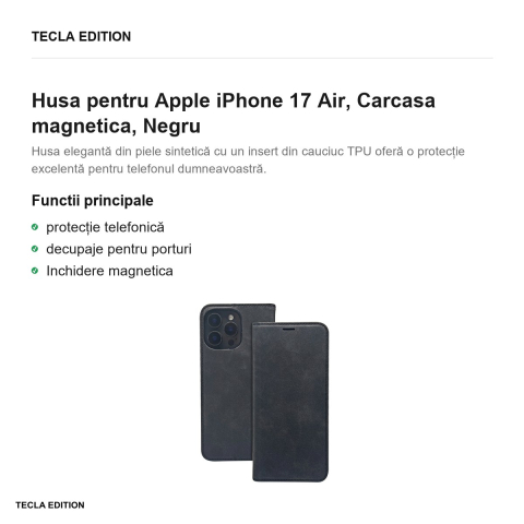 Husa Smart Suede pentru Apple iPhone 17 Air, tip carte cu inchidere magnetica, Negru [1]