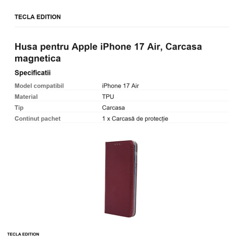 Husa Smart Magnetic pentru Apple iPhone 17 Air, tip carte cu inchidere magnetica, Visiniu [2]