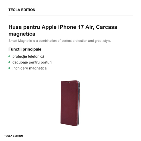 Husa Smart Magnetic pentru Apple iPhone 17 Air, tip carte cu inchidere magnetica, Visiniu [1]