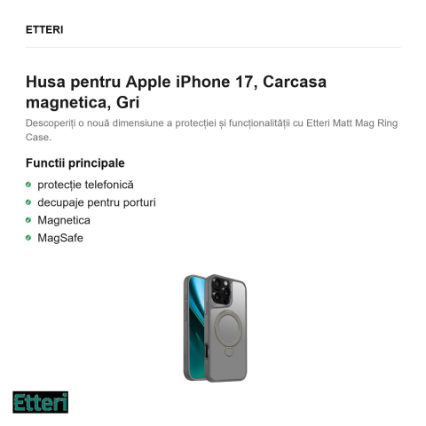 Husa Etteri Matt Mag Ring pentru Apple iPhone 17, Carcasa magnetica, Gri [1]