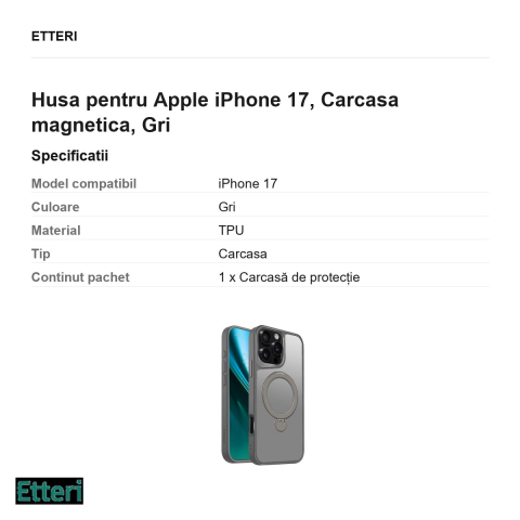 Husa Etteri Matt Mag Ring pentru Apple iPhone 17, Carcasa magnetica, Gri [2]