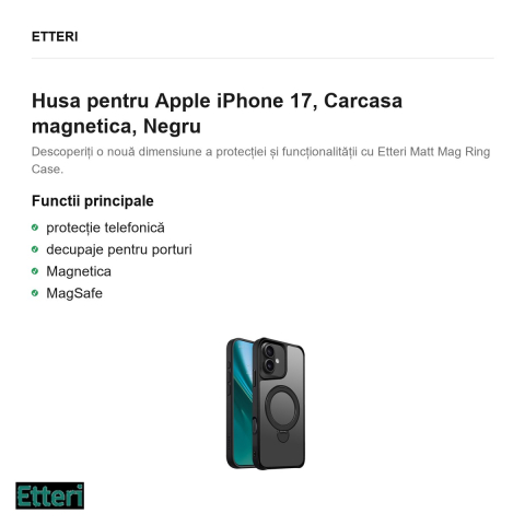 Husa Etteri Matt Mag Ring pentru Apple iPhone 17, Carcasa magnetica, Negru [1]