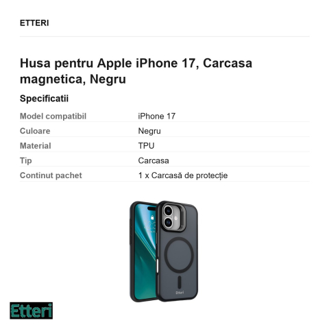 Husa Etteri Morning Fog pentru Apple iPhone 17, Carcasa magnetica, Negru [2]