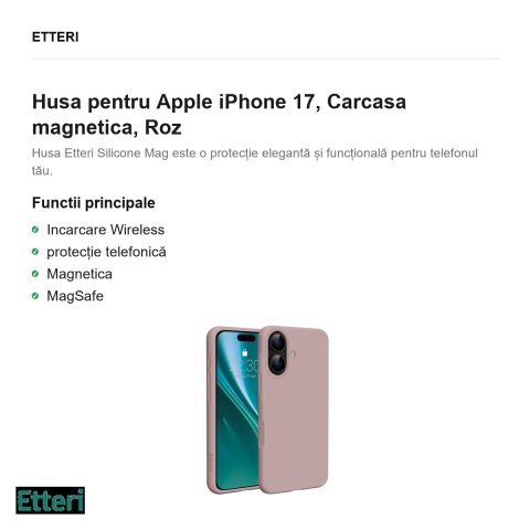 Husa Etteri Silicone Mag pentru Apple iPhone 17, Carcasa magnetica, Roz [1]