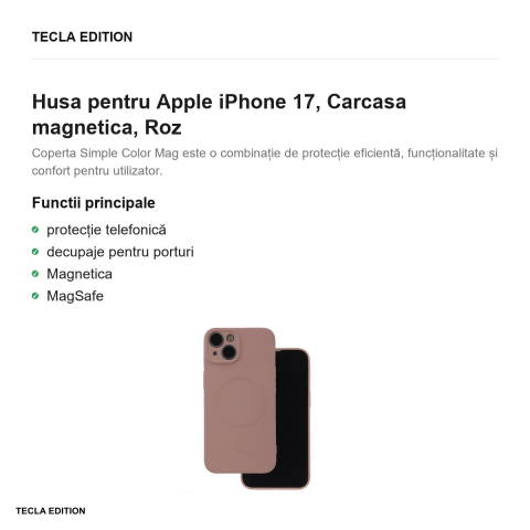 Husa Simple Color Mag pentru Apple iPhone 17, Carcasa magnetica, Roz [1]