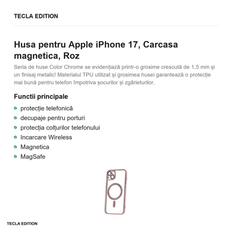 Husa Color Chrome Mag rose pentru Apple iPhone 17, Carcasa magnetica, Roz [1]