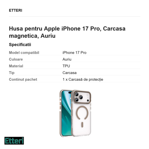 Husa Etteri Icy Mag pentru Apple iPhone 17 Pro, Carcasa magnetica, Auriu [2]