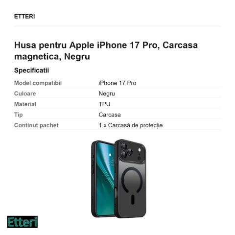 Husa Etteri Matt Mag pentru Apple iPhone 17 Pro, Carcasa magnetica, Negru [2]