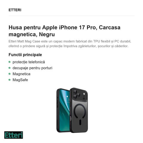 Husa Etteri Matt Mag pentru Apple iPhone 17 Pro, Carcasa magnetica, Negru [1]