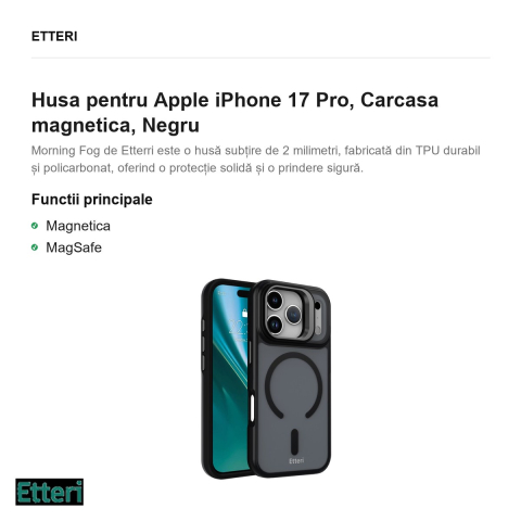 Husa Etteri Morning Fog pentru Apple iPhone 17 Pro, Carcasa magnetica, Negru [1]