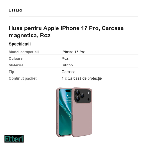 Husa Etteri Silicone Mag pentru Apple iPhone 17 Pro, Carcasa magnetica, Roz [2]