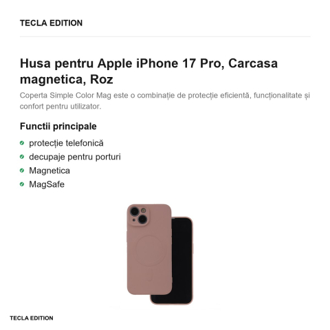 Husa Simple Color Mag pentru Apple iPhone 17 Pro, Carcasa magnetica, Roz [1]