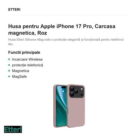 Husa Etteri Silicone Mag pentru Apple iPhone 17 Pro, Carcasa magnetica, Roz [1]