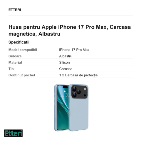 Husa Etteri Silicone Mag pentru Apple iPhone 17 Pro Max, Carcasa magnetica, Albastru [2]