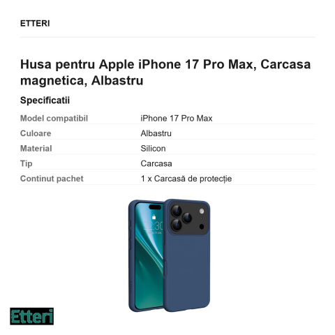 Husa Etteri Silicone Mag pentru Apple iPhone 17 Pro Max, Carcasa magnetica, Albastru [2]