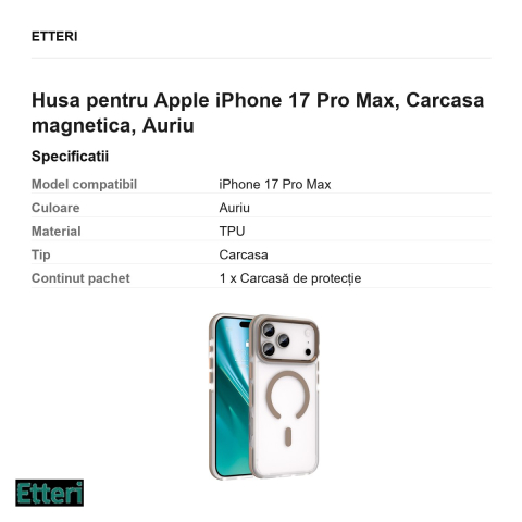 Husa Etteri Icy Mag pentru Apple iPhone 17 Pro Max, Carcasa magnetica, Auriu [2]