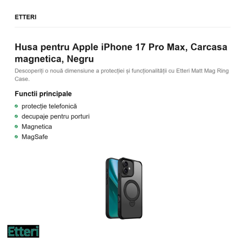 Husa Etteri Matt Mag Ring pentru Apple iPhone 17 Pro Max, Carcasa magnetica, Negru [1]