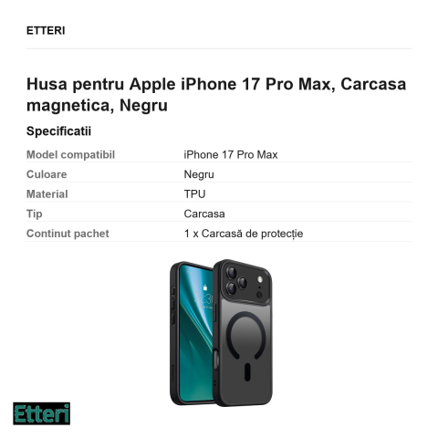 Husa Etteri Matt Mag pentru Apple iPhone 17 Pro Max, Carcasa magnetica, Negru [2]