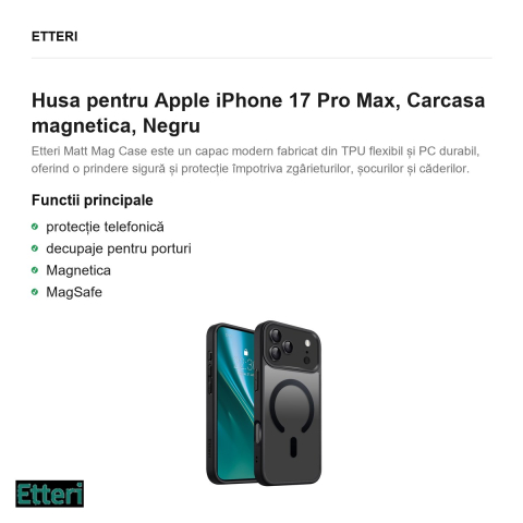 Husa Etteri Matt Mag pentru Apple iPhone 17 Pro Max, Carcasa magnetica, Negru [1]
