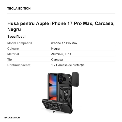 Husa Defender Slide pentru Apple iPhone 17 Pro Max, Carcasa, Negru [2]