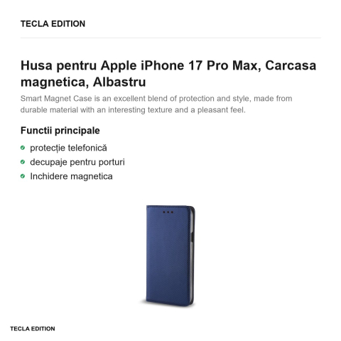 Husa Smart Magnet pentru Apple iPhone 17 Pro Max, tip carte cu inchidere magnetica, Albastru [1]