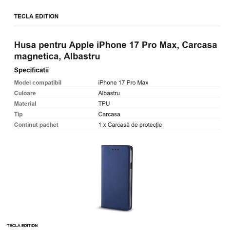 Husa Smart Magnet pentru Apple iPhone 17 Pro Max, tip carte cu inchidere magnetica, Albastru [2]