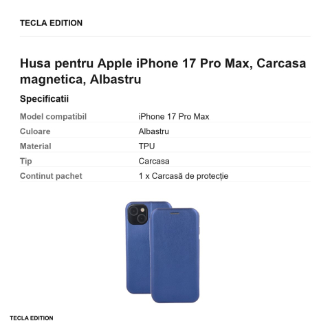 Husa Smart Diva pentru Apple iPhone 17 Pro Max, tip carte cu inchidere magnetica, Albastru [2]