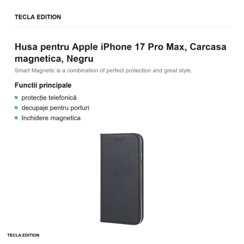 Husa Smart Magnetic pentru Apple iPhone 17 Pro Max, tip carte cu inchidere magnetica, Negru [1]