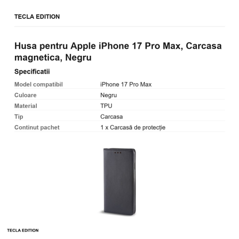 Husa Smart Magnet pentru Apple iPhone 17 Pro Max, tip carte cu inchidere magnetica, Negru [2]