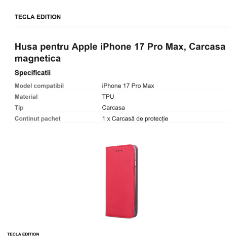 Husa Smart Magnet pentru Apple iPhone 17 Pro Max, tip carte cu inchidere magnetica, Rosu [2]