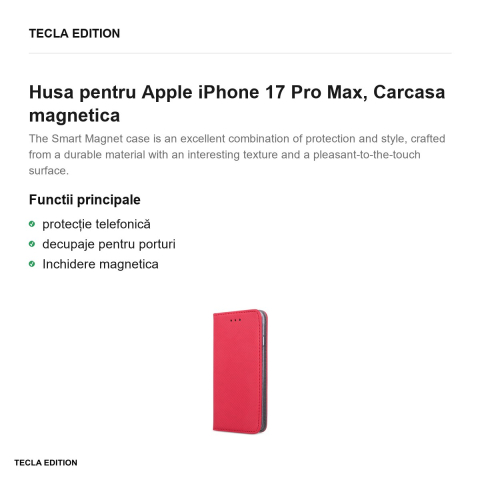 Husa Smart Magnet pentru Apple iPhone 17 Pro Max, tip carte cu inchidere magnetica, Rosu [1]