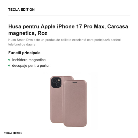 Husa Smart Diva rose pentru Apple iPhone 17 Pro Max, tip carte cu inchidere magnetica, Roz [1]