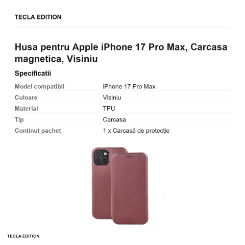 Husa Smart Diva pentru Apple iPhone 17 Pro Max, tip carte cu inchidere magnetica, Visiniu [2]