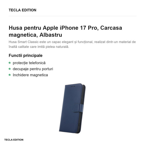 Husa Smart Classic pentru Apple iPhone 17 Pro, tip carte cu inchidere magnetica, Albastru [1]